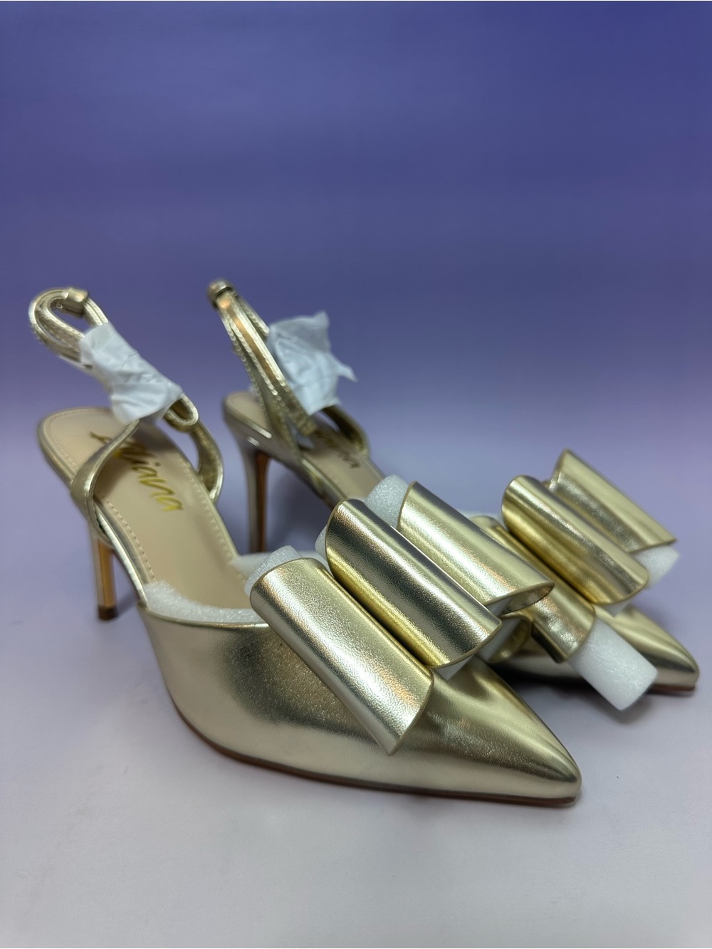 Liliana Metallic Gold Pointed Toe Slingback Heels with Oversized Bow